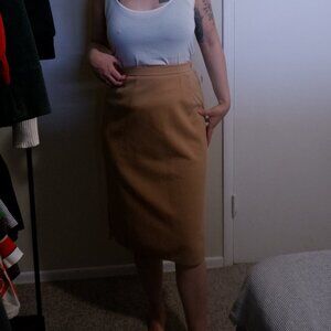 70s Tan Khaki Light Brown Pencil Secretary Midi Skirt